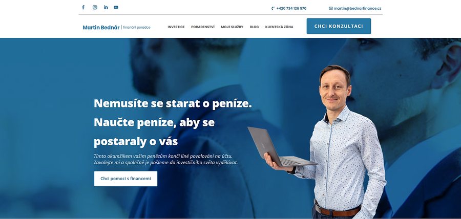 Ukázka homepage webu Bednář Finance pro investiční poradenství.