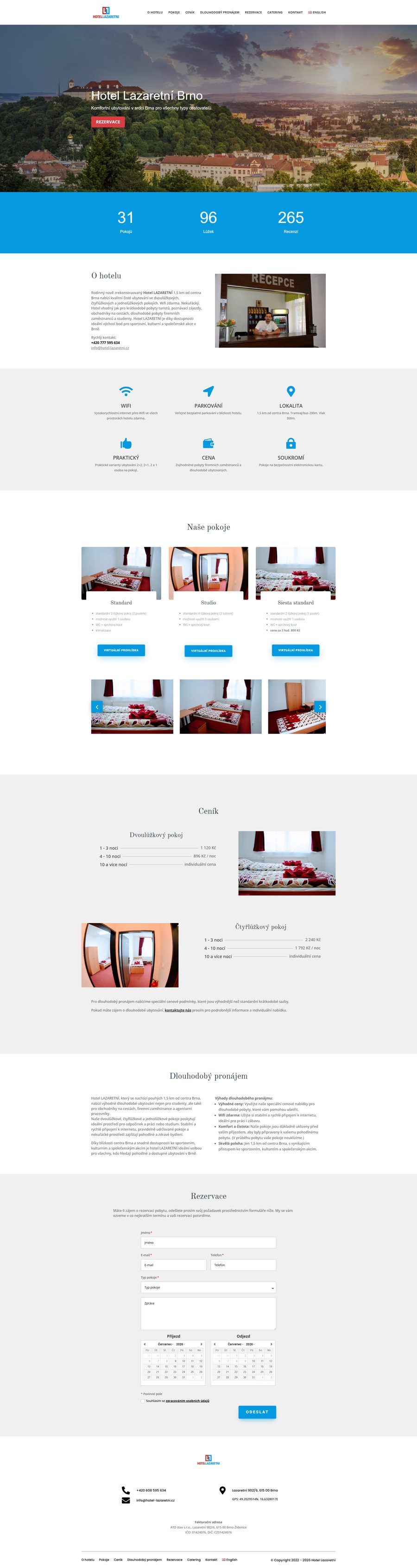 Ukázka celé homepage webu Hotel Lazaretní — redesign hotelového webu.