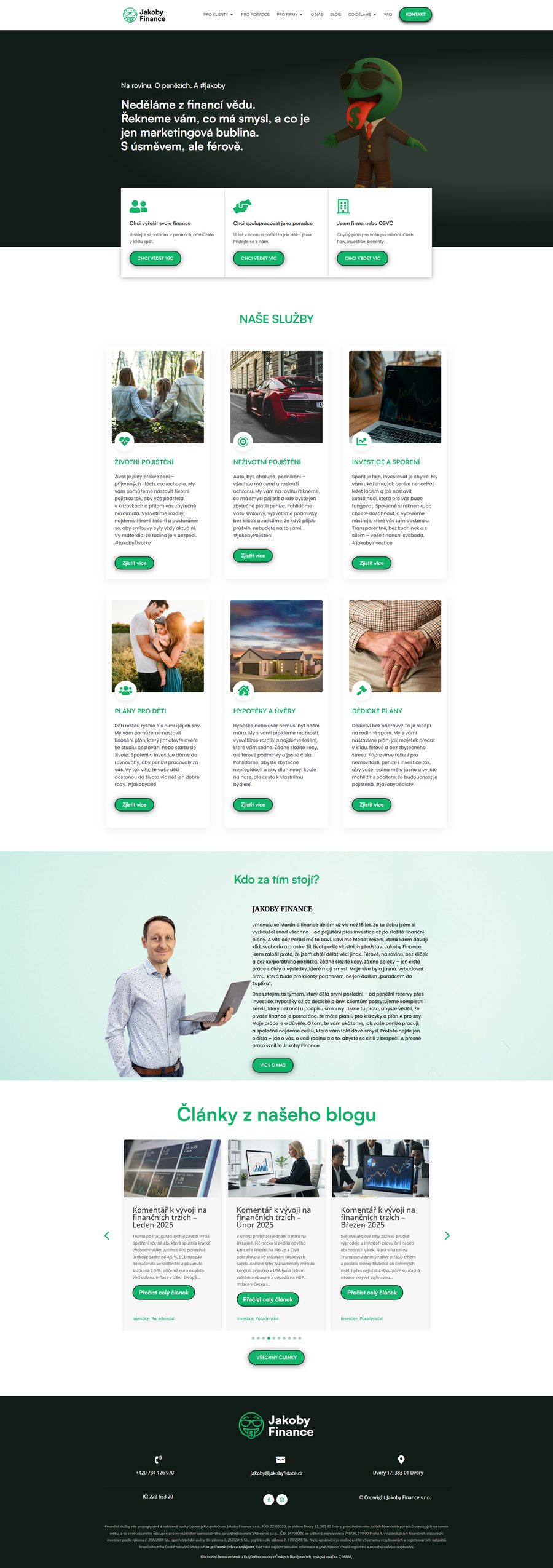 Ukázka celé homepage webu Jakoby Finance — rozsáhlá prezentace finanční značky s maskotem.