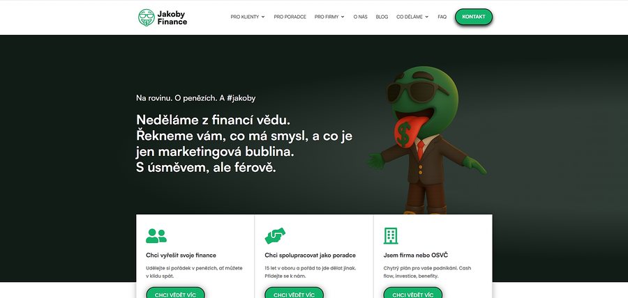 Ukázka homepage webu Jakoby Finance pro finanční poradenství.