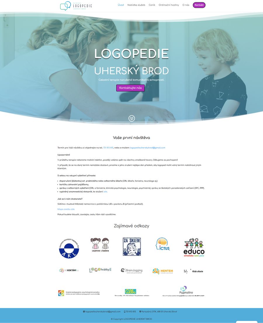 Ukázka celé homepage webu Klinická logopedie Uherský Brod.
