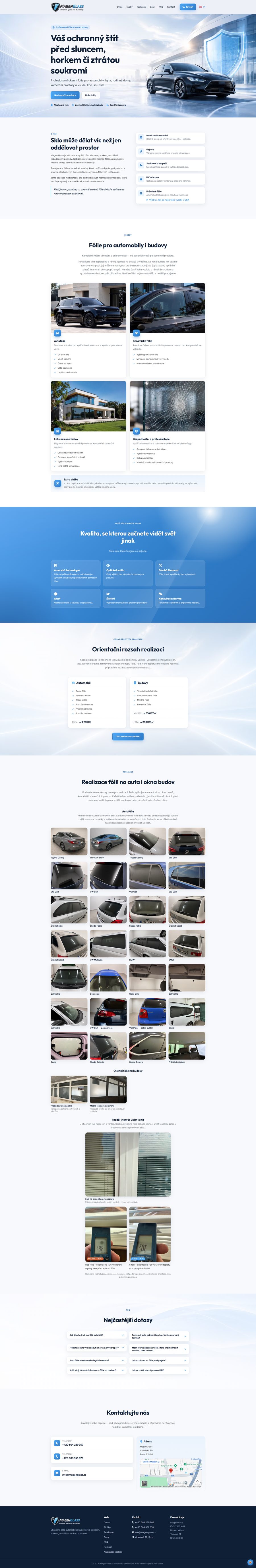 Ukázka celé homepage webu MagenGlass — prezentační web s prémiovým designem podle AI návrhu.