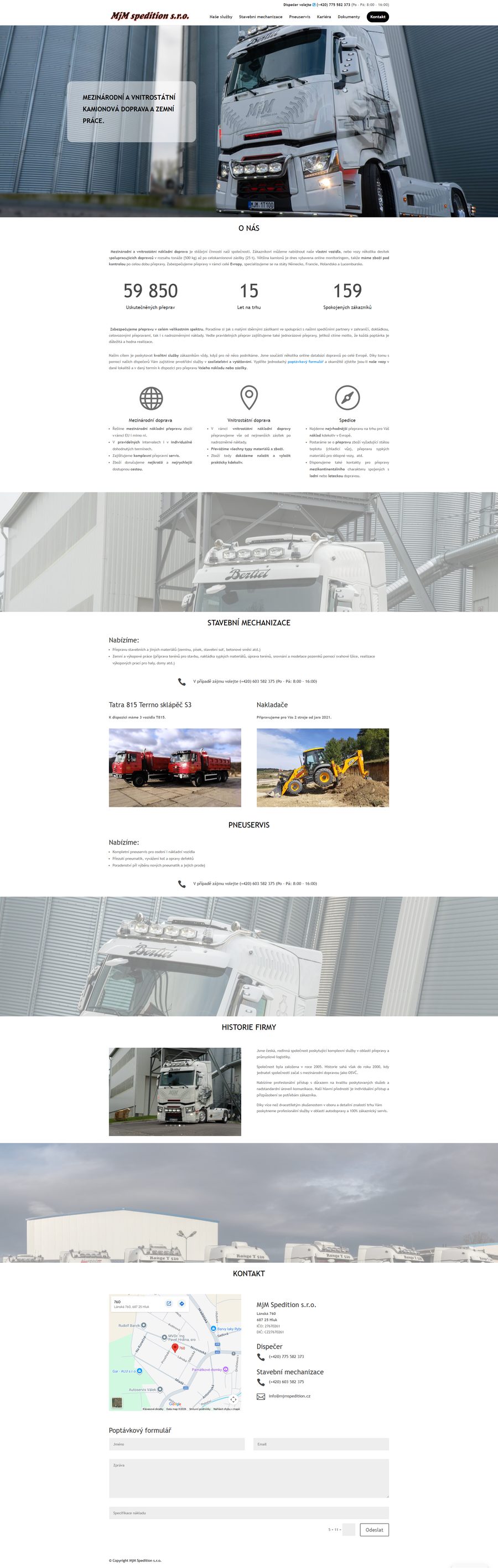 Ukázka celé homepage webu MjM Spedition — doprava a spedice.