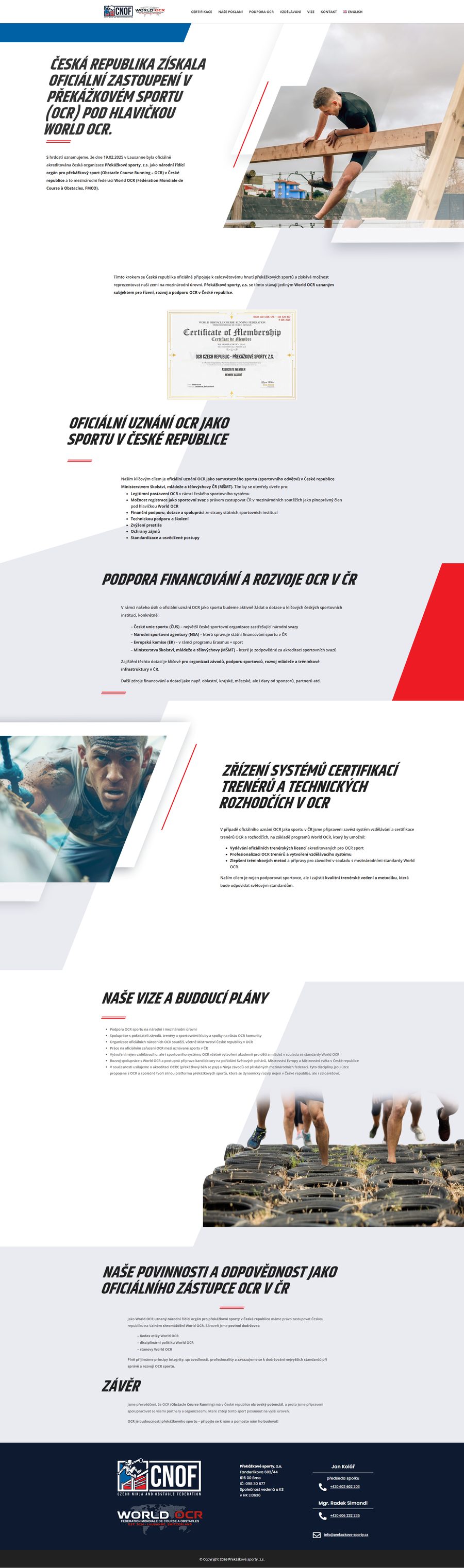 Ukázka celé homepage webu Překážkové sporty — prezentace sportovní organizace World OCR.