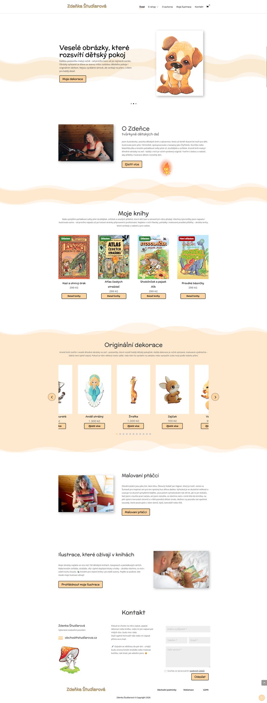 Ukázka celé homepage e-shopu Zdeňky Študlarové — knihy a ručně vyráběné produkty.