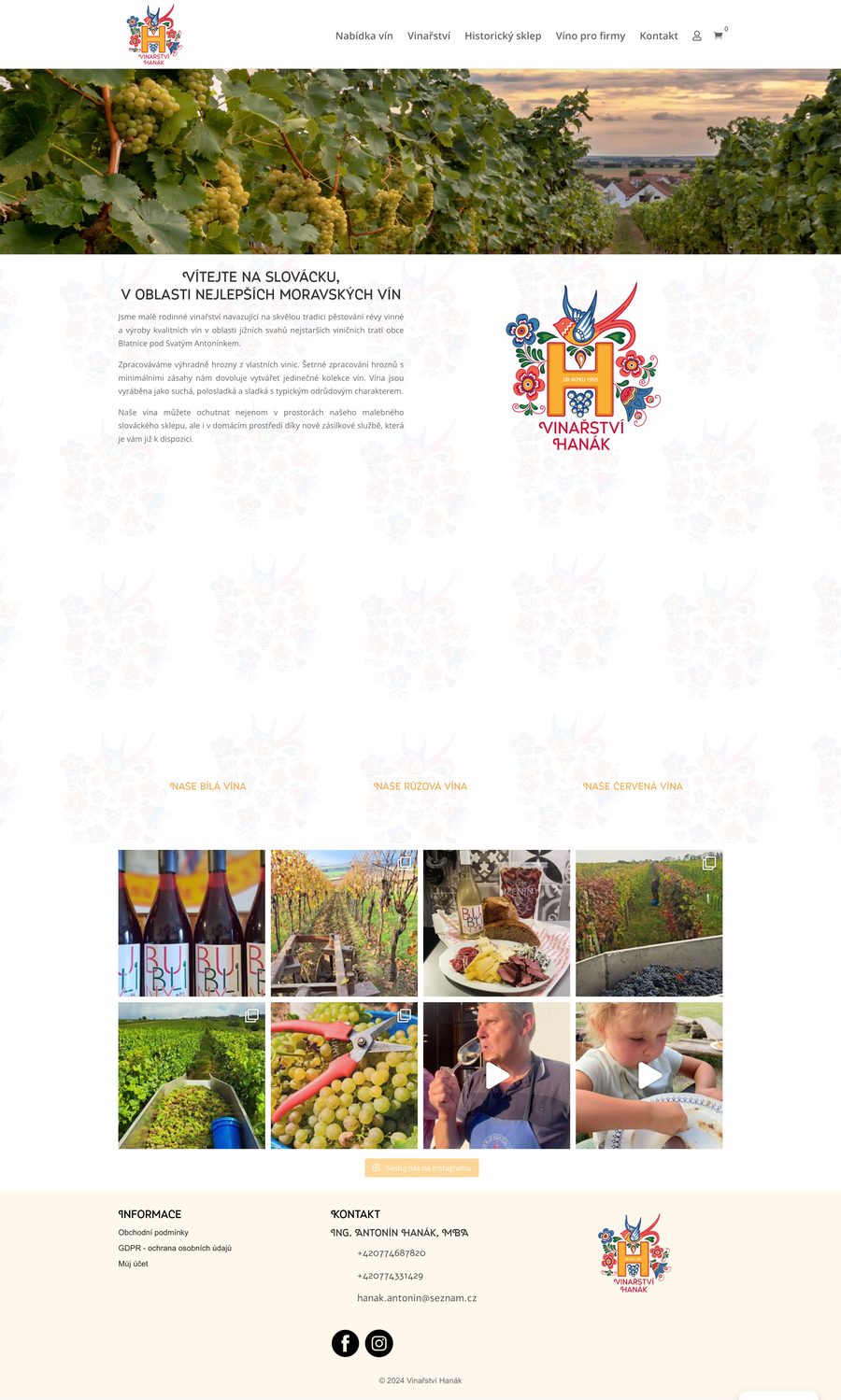 Ukázka celé homepage e-shopu Vinařství Hanák — prodej moravských vín.
